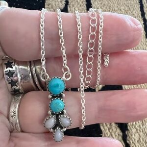 ❤️ Bluebird Turquoise & Pink Opal 925 Southwestern Navajo Necklace 18+2”L 11.4Gm